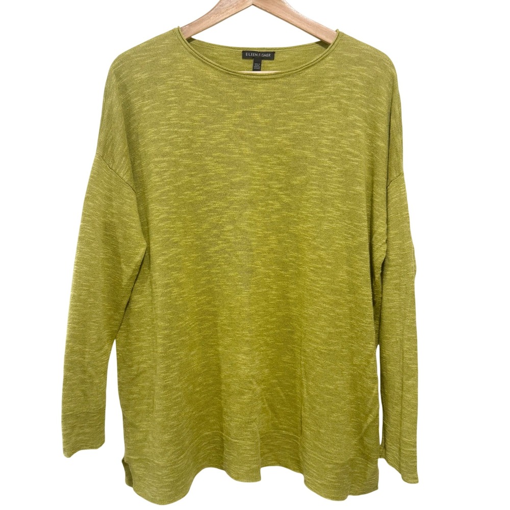 Eileen Fisher Sweater Womens XS Green Excellent Organic Linen Cotton Slub Knit